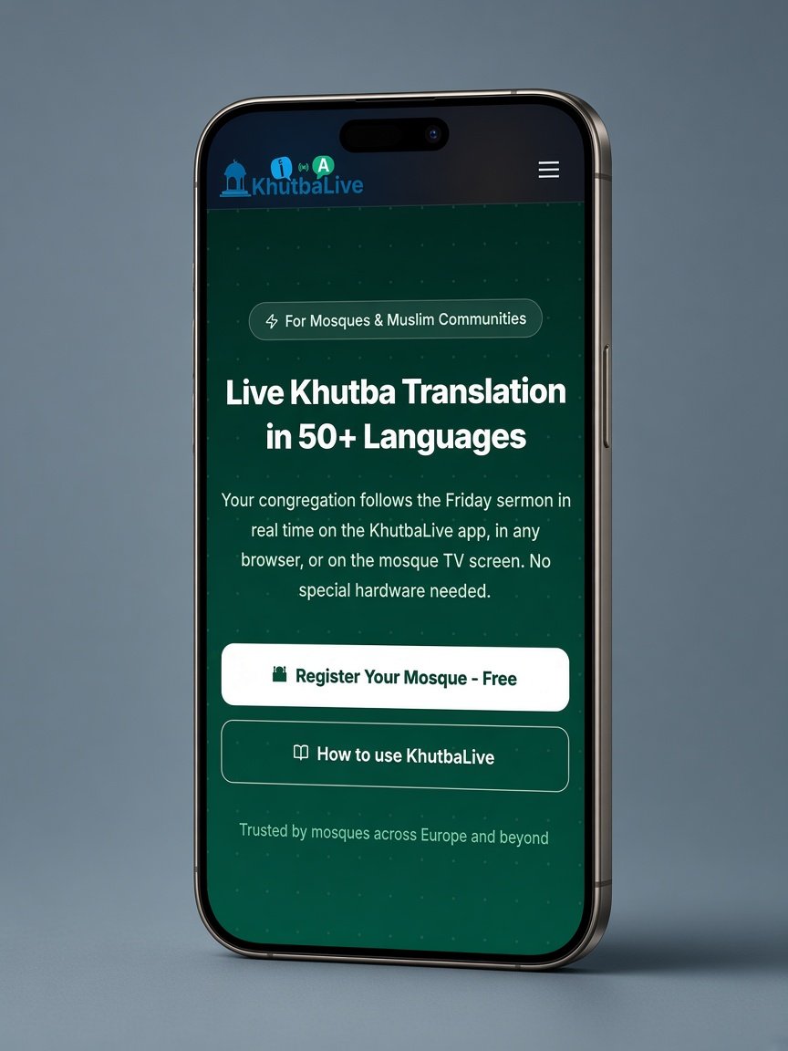 KhutbaLive homepage with live transcription of a Friday sermon