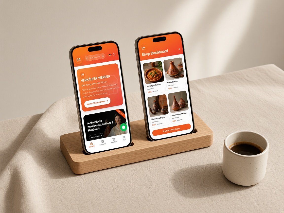 Two phones showing a buyer app and a seller app on a desk