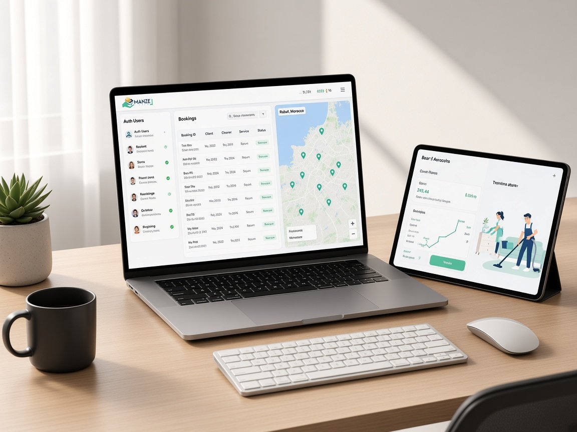Laptop with a backend console and a tablet with a booking app