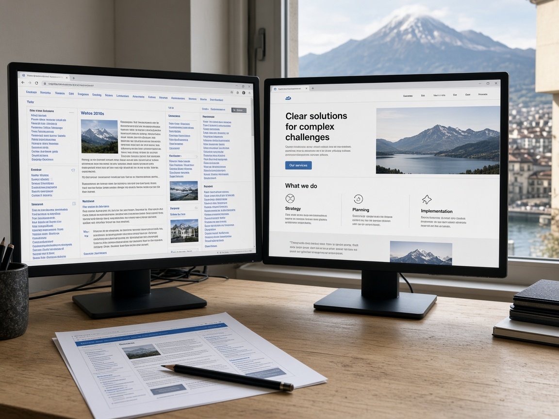 Two monitors: older website on the left, new site on the right