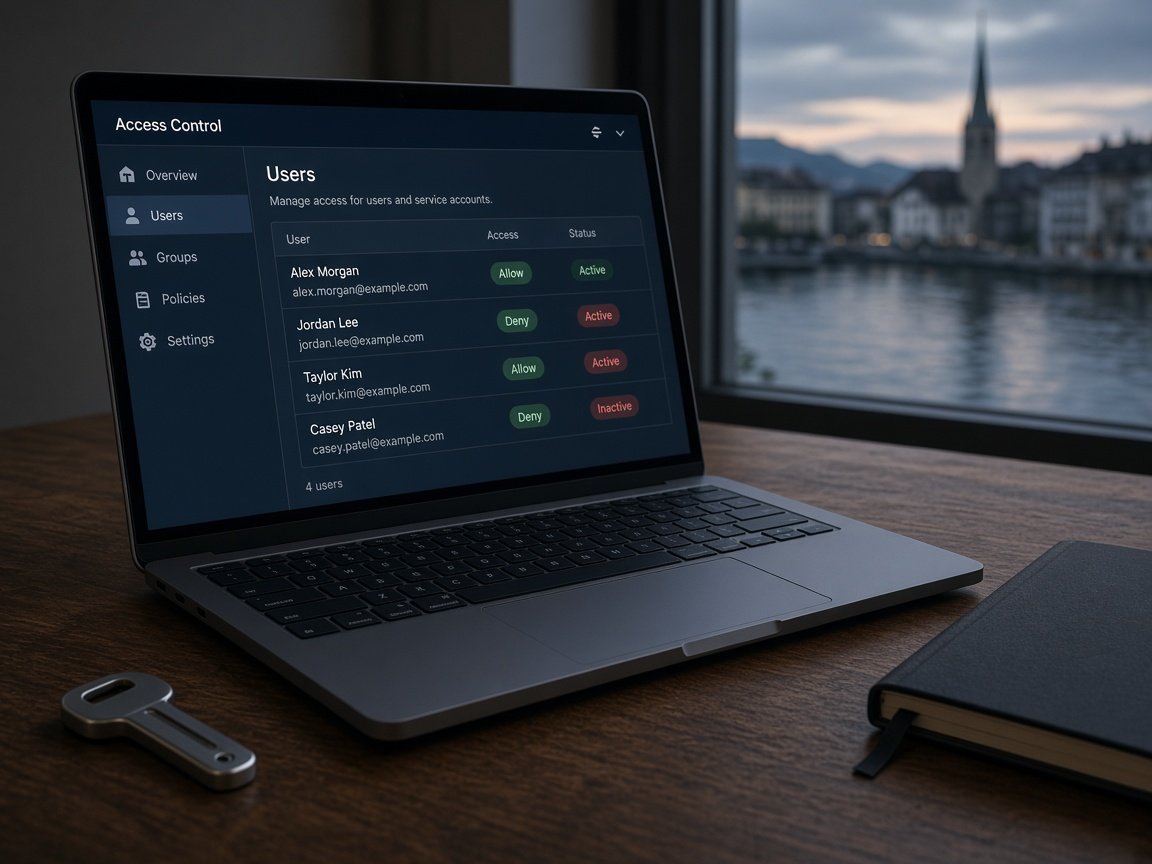 Screen with access rules and a security key on a desk