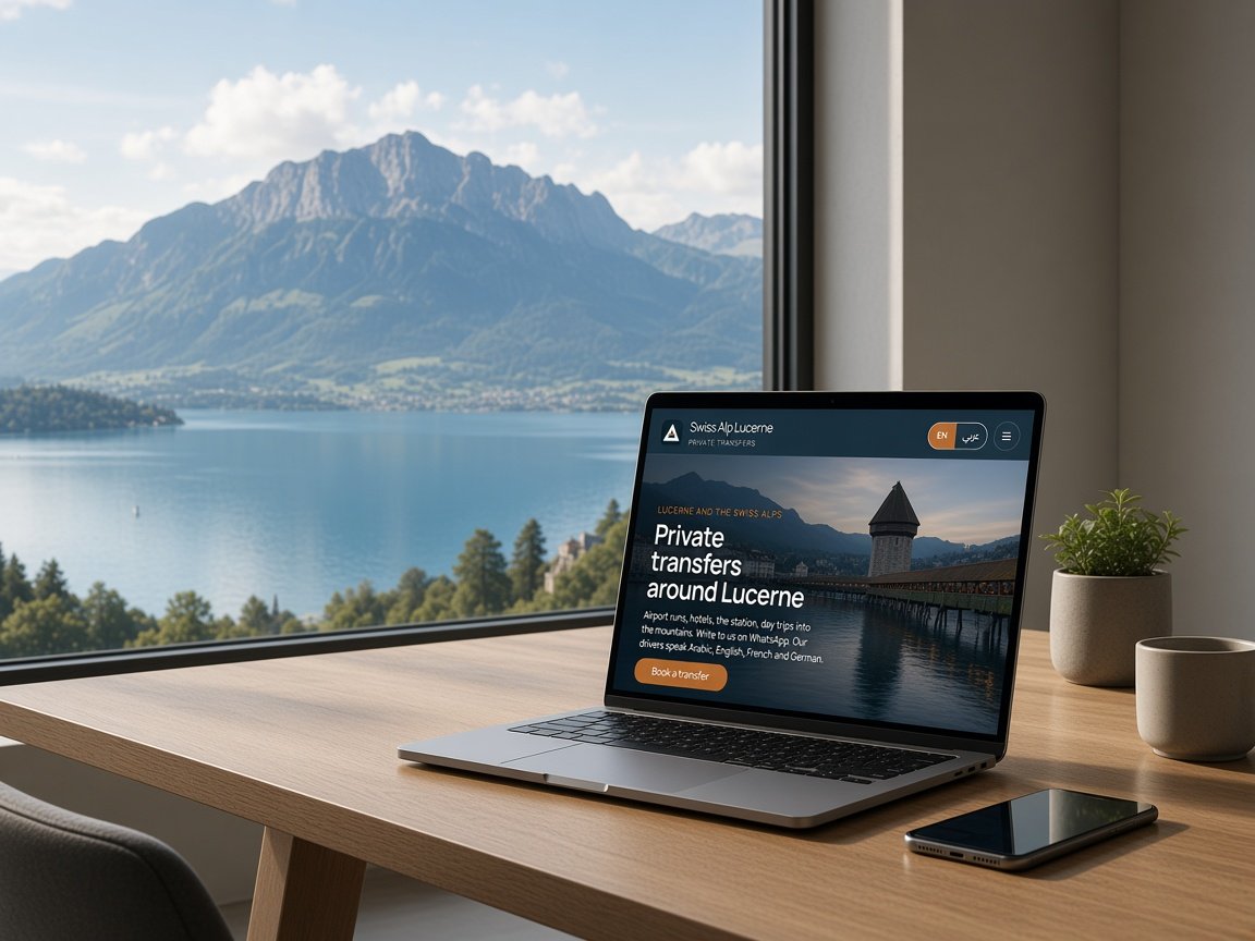 Laptop on a desk by Lake Lucerne, website in the browser